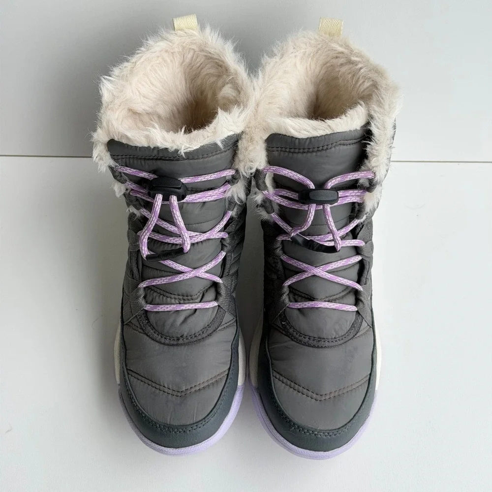 SOREL Whitney II Short Lace Boot Girls size 4 Grey Purple Waterproof Faux Fur